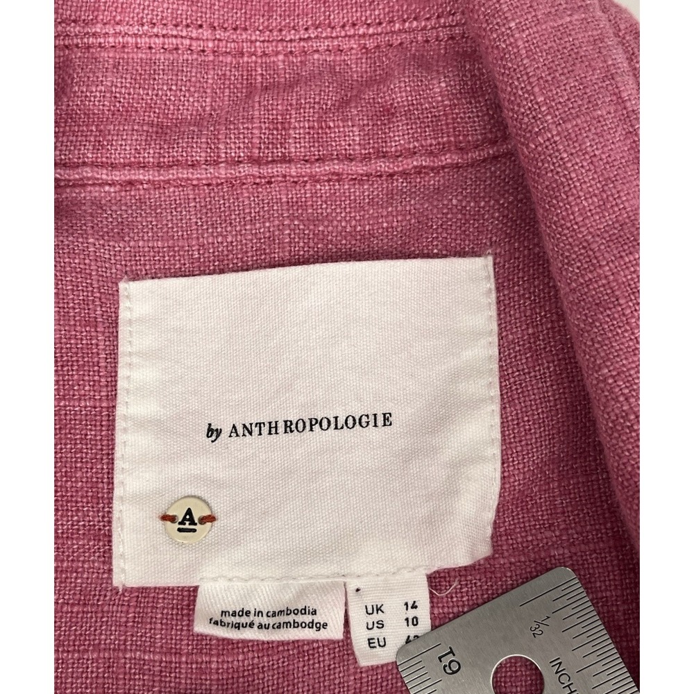 Anthropologie Tulip Hem Linen Blazer sz 10 Raspberry Pink Open Front Lagenlook - Picture 8 of 10
